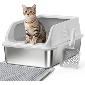 Stainless Steel Litter Box with Lid Enclosed XL High Sided Metal Litter Boxes for Big Cat and Multiple Cats, Anti-Urine Leakage | Non-Stick & Includes Cat Mat and Scoop