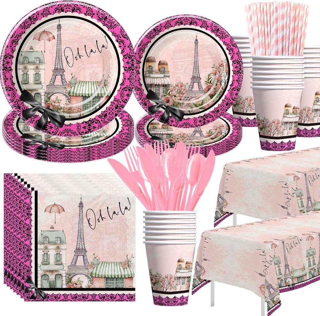 Paris Theme Party Decorations Supplies - Paris Eiffel Tower Decorations Tableware, Paper Plate, Cup, Napkin, Tablecloth, Cutlery, for Birthday Baby Shower Weddings Party | Serves 24