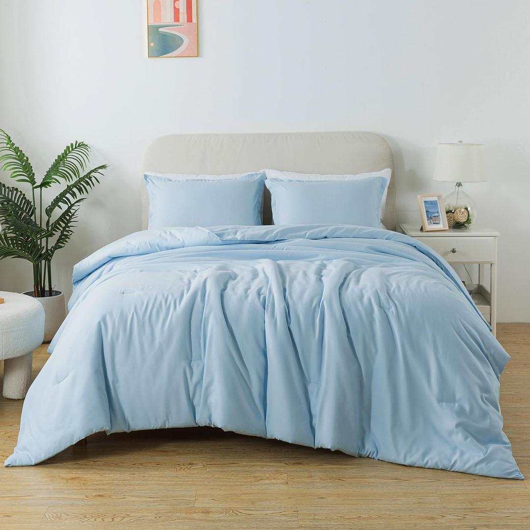 Solid Lightweight Skin-Friendly Boho Bedding Queen Comforter,  Breathable Fluffy Microfiber, Light Blue