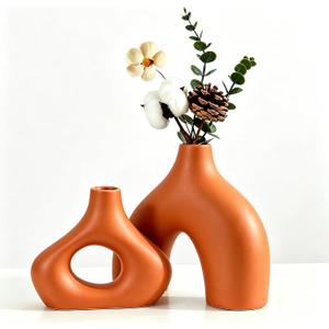 CEMABT Orange Ceramic Vase Set of 2 for Modern Minimalist Bohemian Decor，Round Matte Donut Vases for Pampas Grass-Perfect for Living Room, Dining Table, Office Bedroom Shelf Decor Entryway, Console
