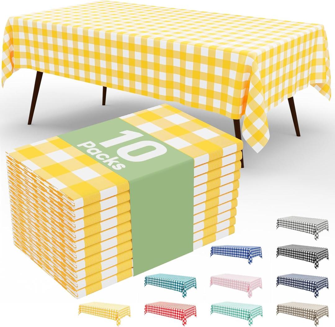 misaya 10 Packs Buffalo Disposable Table Cloth, 54 x 108 Inch Waterproof Plastic Tablecloth, Rectangle Yellow and White Checkered Table Covers for Picnic, Birthday, Party