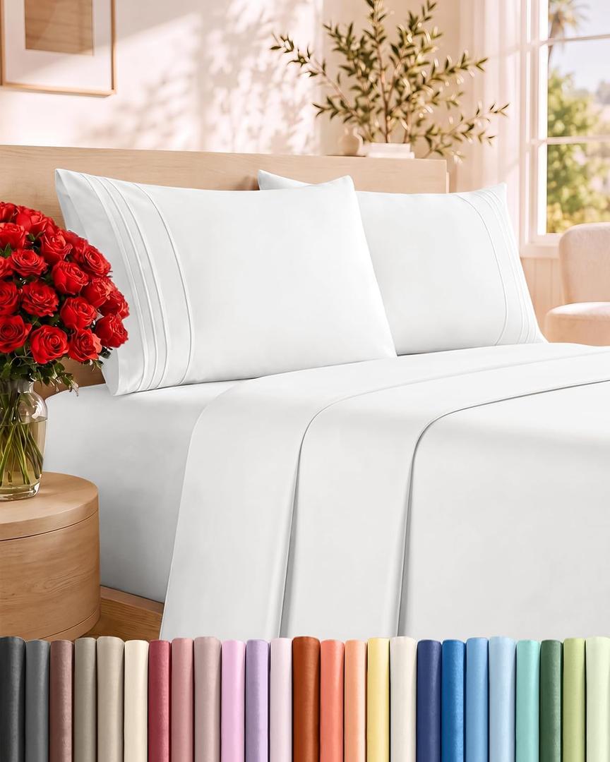 King Size 4 Piece Sheet Set - Comfy Breathable & Cooling Sheets - White