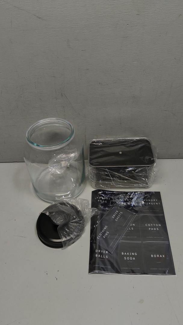 Glass Laundry Room Organization and Storage Set with Containers for Laundry Pods, Dryer Balls, Fabric Softener, Scent Booster Acrylic Dryer Sheet Holder Large Glass Jars Labels and Scoops, 2 Pieces