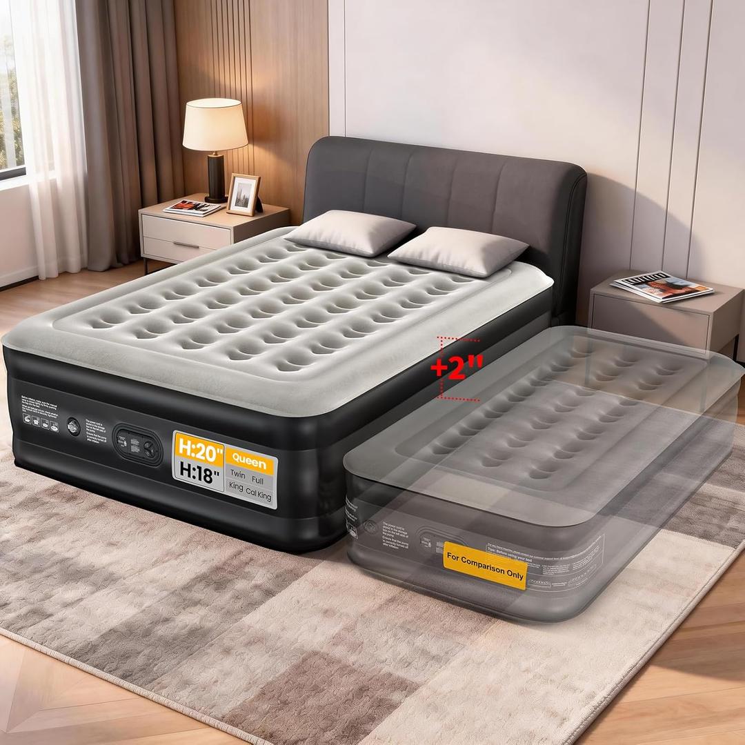 OhGeni 20" Queen Air Mattress (1-Pack) with Built in Pump, Inflatable Blow Up Bed, Upgraded Air Column Support for Enhanced Stability, Raised Height for Easy Entry & Exit, 650 lbs Capacity