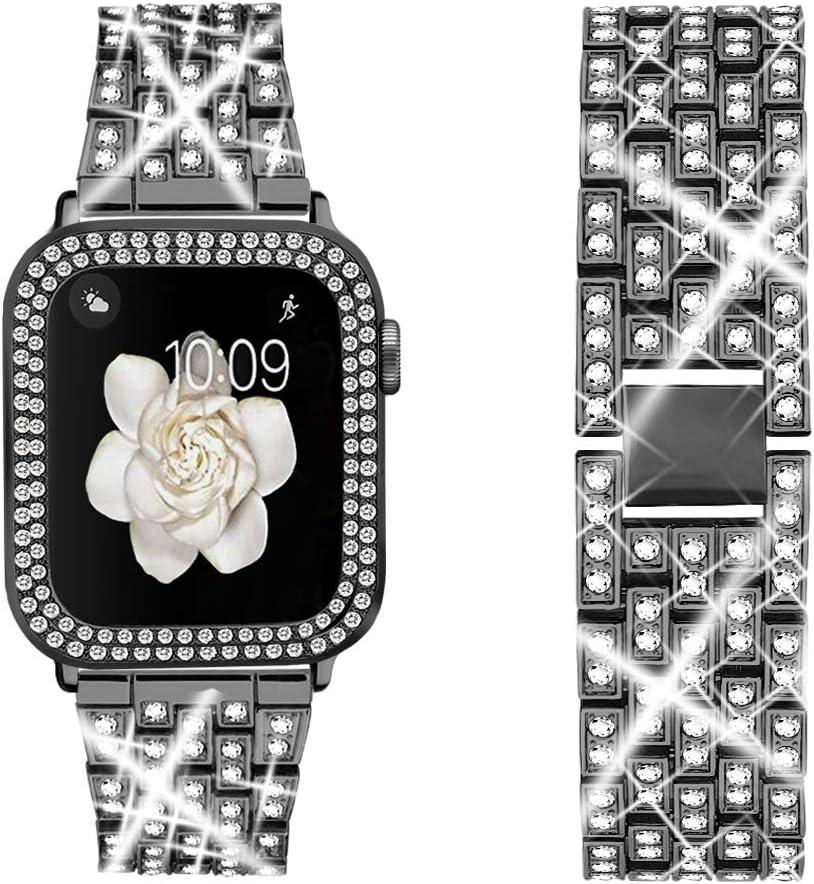 Compatible for Apple Watch Ultra Band 49mm 46mm 45mm 41mm 38mm 40mm 42mm 44mm with 2 Pack Bling Crystal Diamonds Case Cover, iWatch SE Series Ultra 2 10/9/8/7/6/5/4/3/2/1 Bands for Women