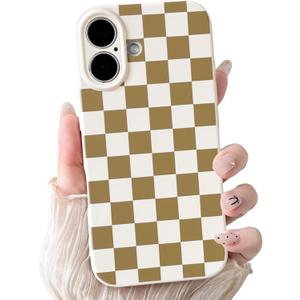 NITITOP Compatible for iPhone 17 Case Cute Checkered - Brown | Aesthetic Checkerboard Design, for Girls Women Men, Girly, Soft TPU, Full Camera Lens, Protective, Shockproof Phone Cover