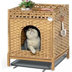 Cat Litter Box Enclosure - Rattan Cat House with Metal Feet, Litter Mat Included, 18.5x20.4x23.2 Inches, Natural