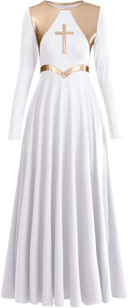 IBAKOM Womens Liturgical Praise Lyrical Dance Dress Loose Fit Full Length Long Sleeve Metallic Worship Costume Ballet S