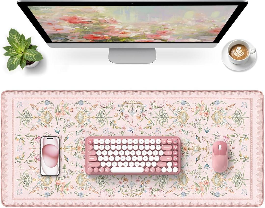 HAOCOO French Floral Desk Mat, Pink Desk Cover Mat, 35.4" x 15.7" Cute Long Mouse Pad, Aesthetic Flower Desktop Mat Accessories, Waterproof Teacher Desk Mat for Work, Study