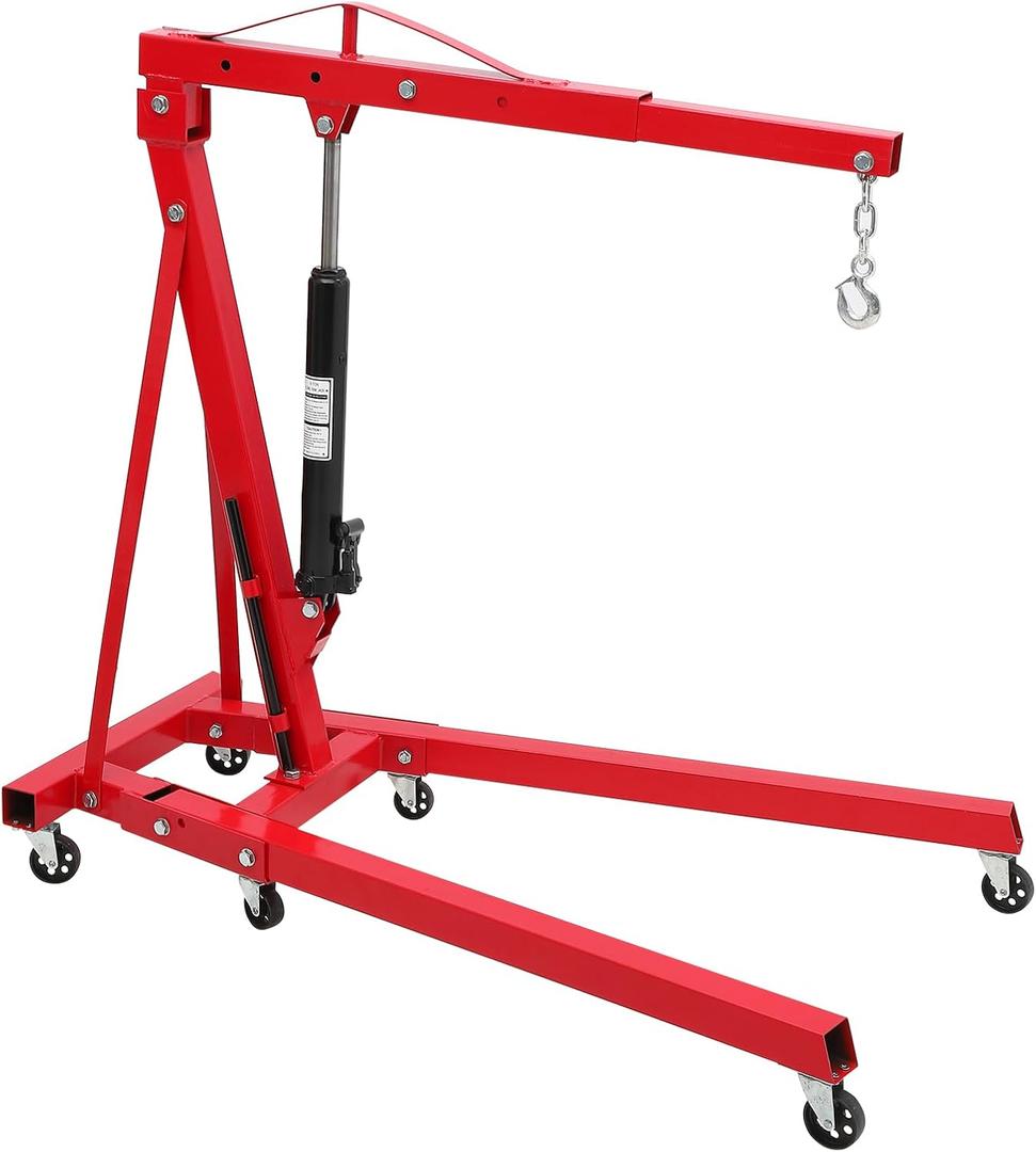 Towallmark Engine Hoist, 2 Ton Folding Engine Crane with 6 Carters, 4400 Lbs Heavy Duty Hydraulic Shop Engine Crane with Telescopic Boom, Cherry Picker Engine Hoist for Garage, Workshop, Red