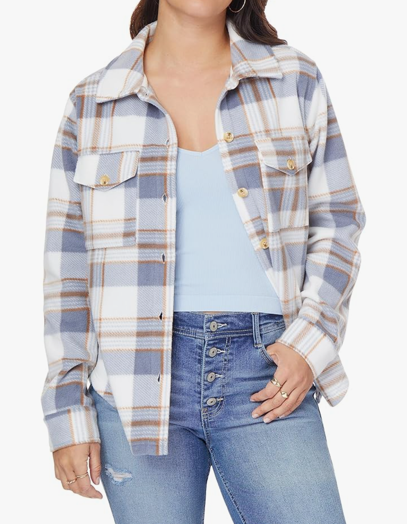 WallFlower Women's Taylor Polar Cozy Fleece Boyfriend Trendy Spring, Summer, and Fall Light Shacket Jackets Small