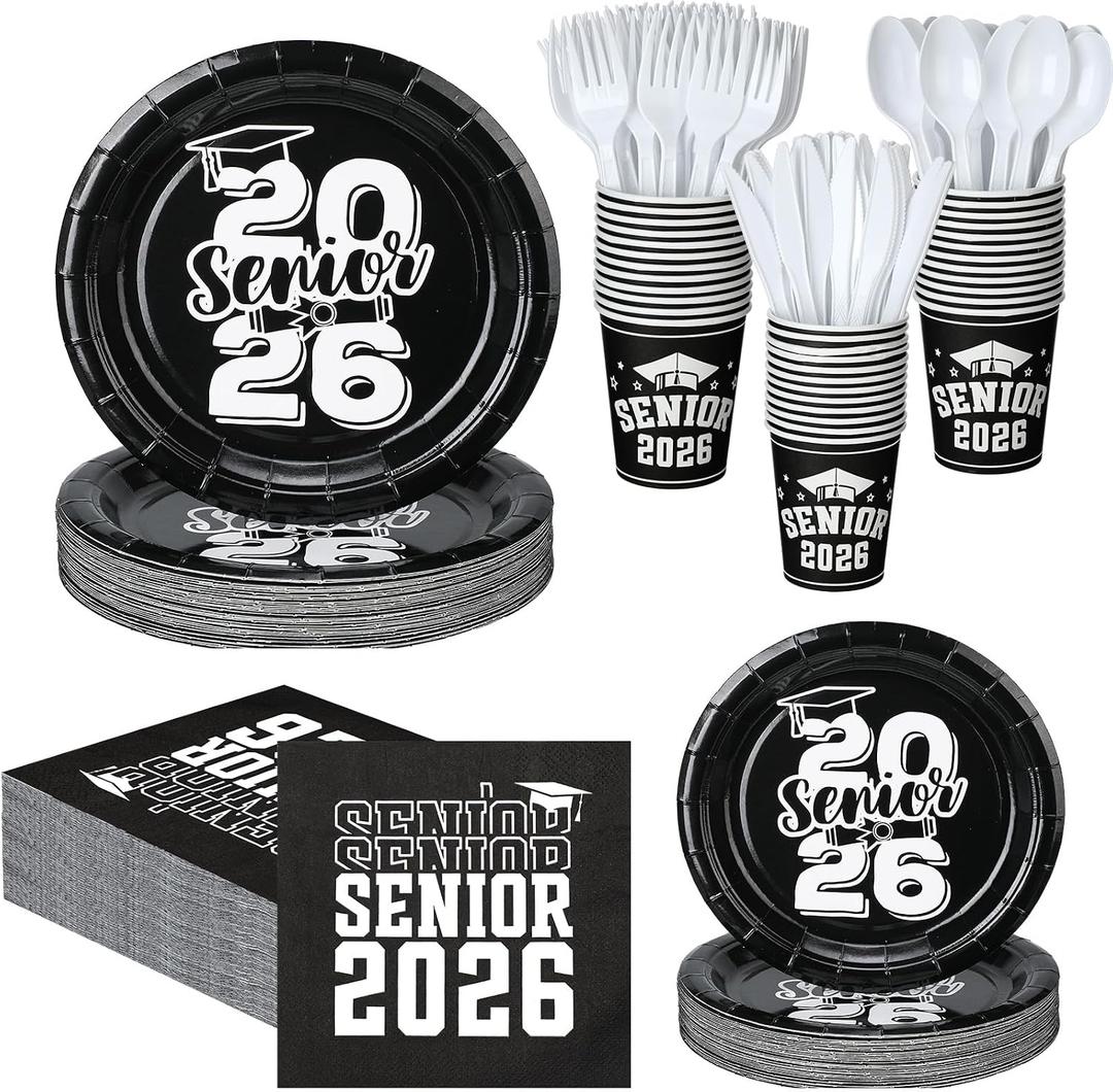 Yungyan 252 Pcs Senior 2026 Graduation Party Tableware Set Black and White Class of 2026 Grad Paper Plates Napkins Cups Forks Knives Cutlery for Graduate Party Decorations Supplies,Serve 36