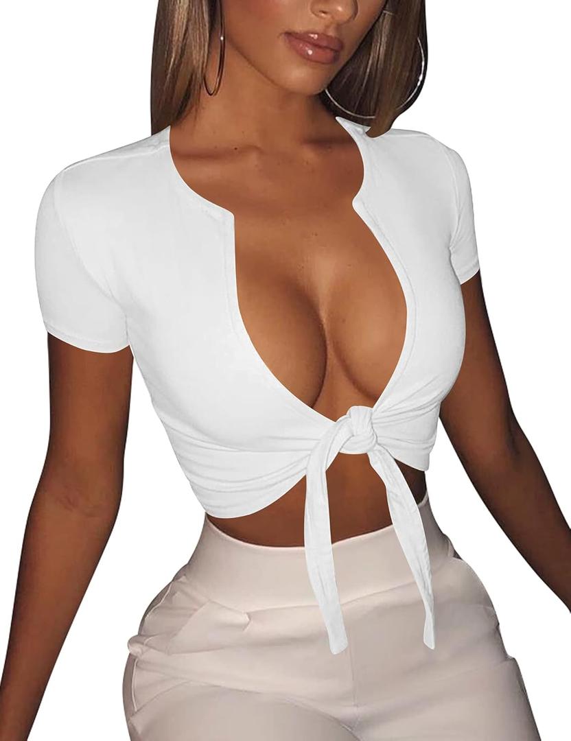 BORIFLORS Women's Sexy Tie Up Crop Top Short Sleeve Deep V Neck Casual Basic T Shirt (Large)