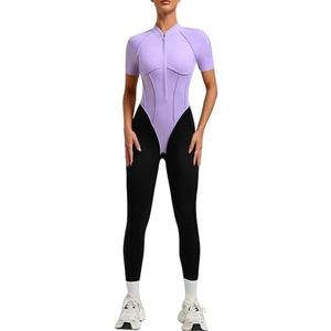 EFOGEP Women's Short Sleeve Workout Jumpsuits for Women, One Piece Yoga Romper Bodycon Unitard with Backless Design Purple L