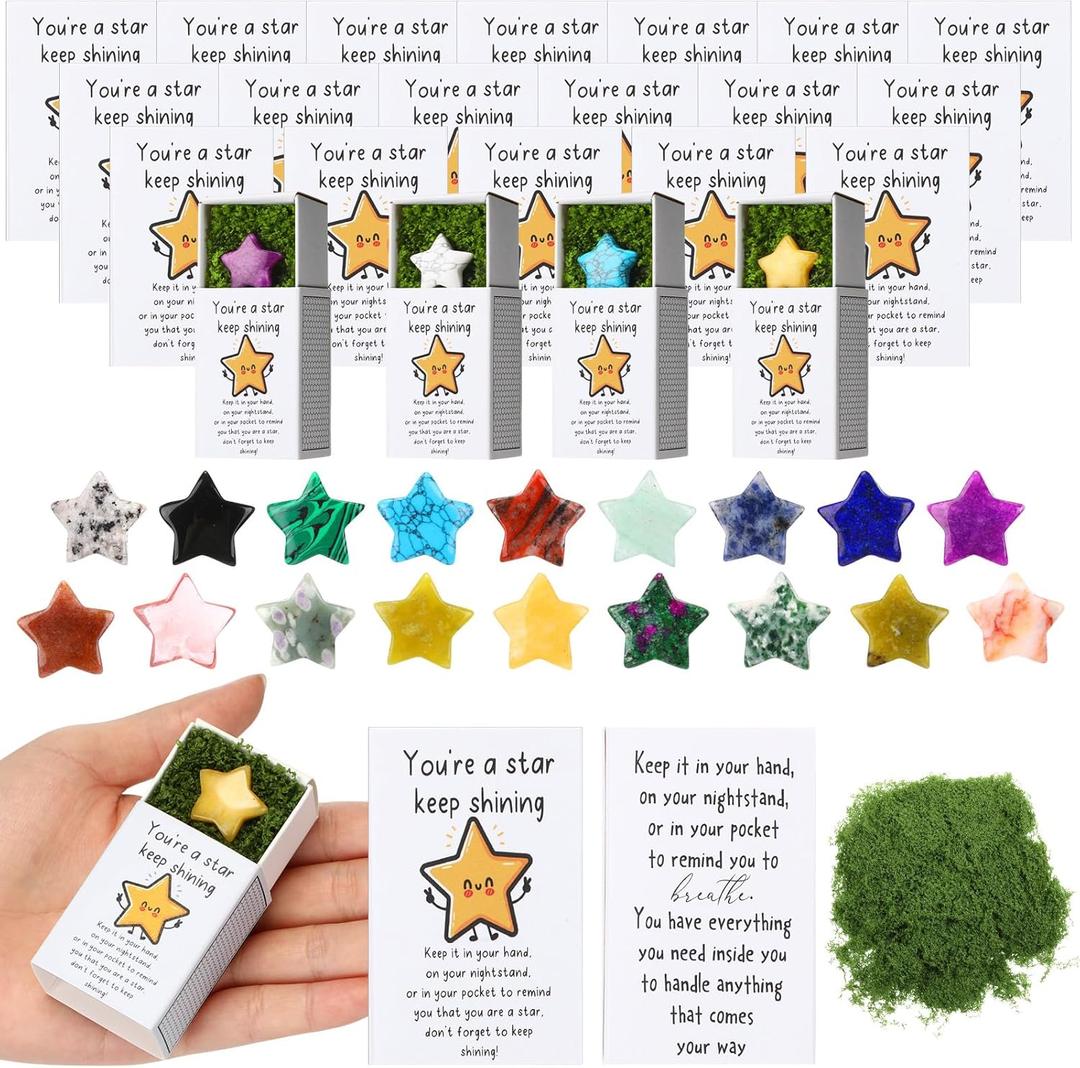 36 Sets Valentine Pocket Hug Token Bulk Star Natural Stones Star Emotional Support Inspirational Bulk Gifts Positive Thank You Gifts with Cards for Friends Employees Coworkers (Shining) (Classic)