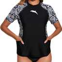 Halcurt Women's Short Sleeve Rash Guard Top with Built in Bra Side Pockets Swim Shirts UPF50+ Swimsuit (XX-Large, Black/Paisley Patterned)