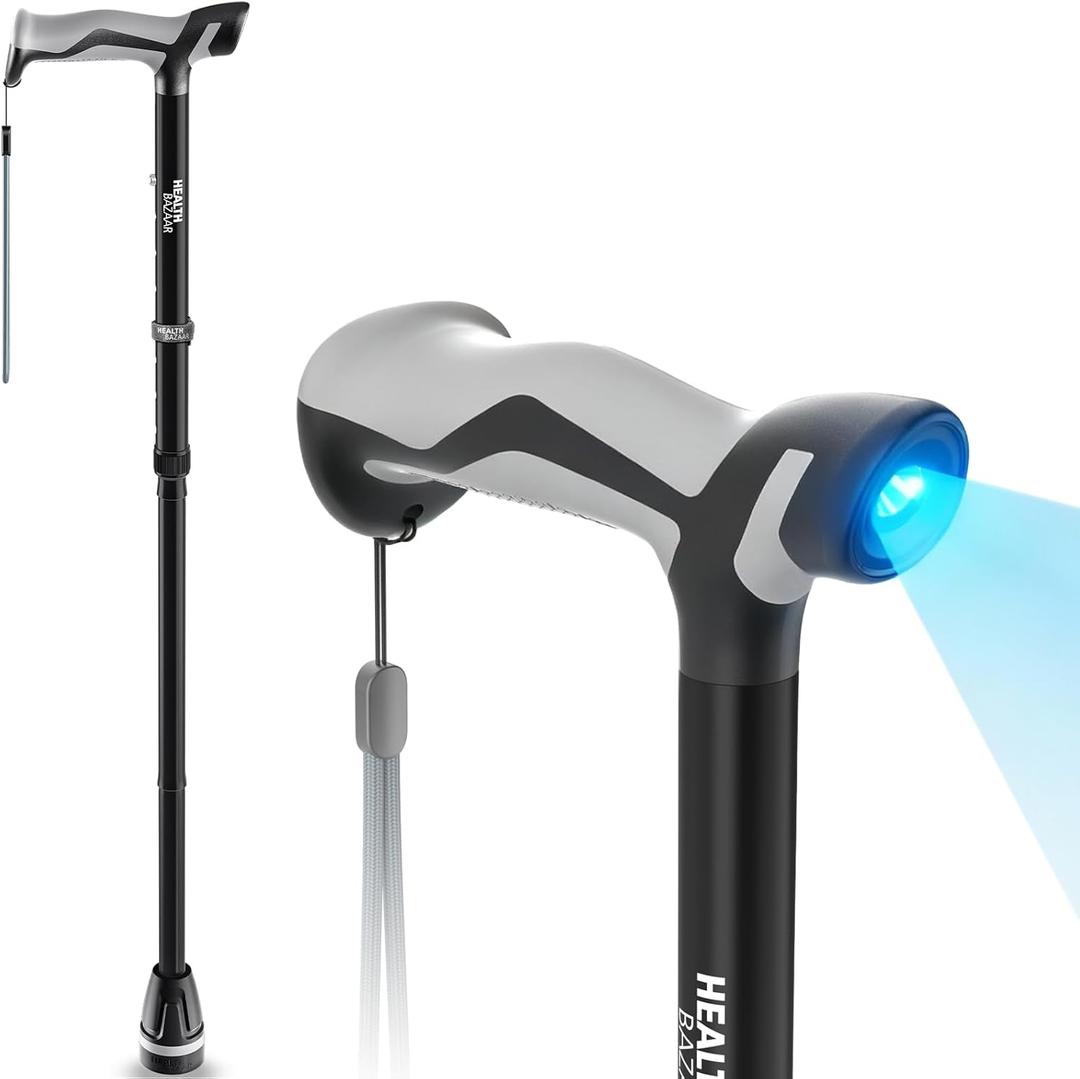Walking Cane with LED Light, Folding Canes for Men & Women with Shock Absorption - Adjustable, Lightweight Collapsible Walking Sticks with Comfort Grip Handle, Heavy Duty All Terrain Tip (Black-1)