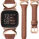 Minyee Leather Band Compatible with Fitbit Versa 2/Fitbit Versa/Versa Lite Bands Women, Slim Thin Dressy Designer Premium Leather Strap with C-Shape Metal Buckle for Versa 2 Smartwatch Accessories (Brown/Rose Gold)