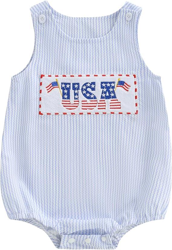 Dobeiokal 4th of July Baby Girl Outfits American Flag Sleeveless Romper Summer Bodysuit Cute Newborn Baby Boy 4th of July Outfit(A-Blue USA,3-6 Months)