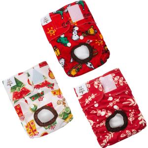 CuteBone Dog Diapers Female Washable Small Medium Large 3 Pack Reusable Doggie Diapers Puppy Period Pants for Doggy Heat Cycle Peeing, A01-Christmas diapers 3pcs, XL