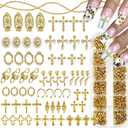 3D Cross Nail Charms,Gold Flat Back Nail Pearls Beads for Crafting,Cute Nail Charms Y2k Rhinestones Jewelry for Nail Art Flower Virgin Mary Religious Charms Gems Bulk Nail Chains (Gold)