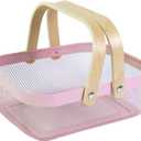 Metal Mesh Steel Basket, Storage Organizer Basket Garden Harvest Basket Multi-functional Kitchen Fruit Baskets Bin with Wooden Handle for Bathroom Picnic Shopping Decor Cabinet Home, Pink