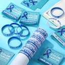 30 Sets/ 60 Pcs Colon Cancer Awareness Silicone Wristbands with Blue Ribbon Cards Bulk, Blue Ribbon Awareness Supplies for Charity Support Events Cancer Prevention Event Supplies