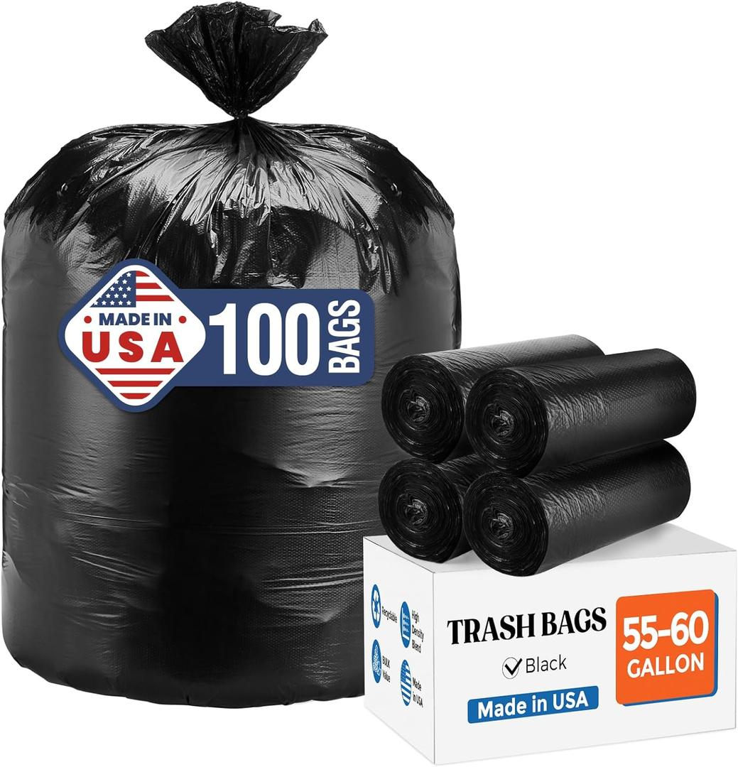 Delxo 55-60 Gallon Trash Bags, 100 Count 0.9 Mil Medium Duty Garbage Bags, Durable & Puncture-Resistant Plastic Bolsas para basura, Perforated Design Made in USA for Kitchen, Yard, Office (Black)