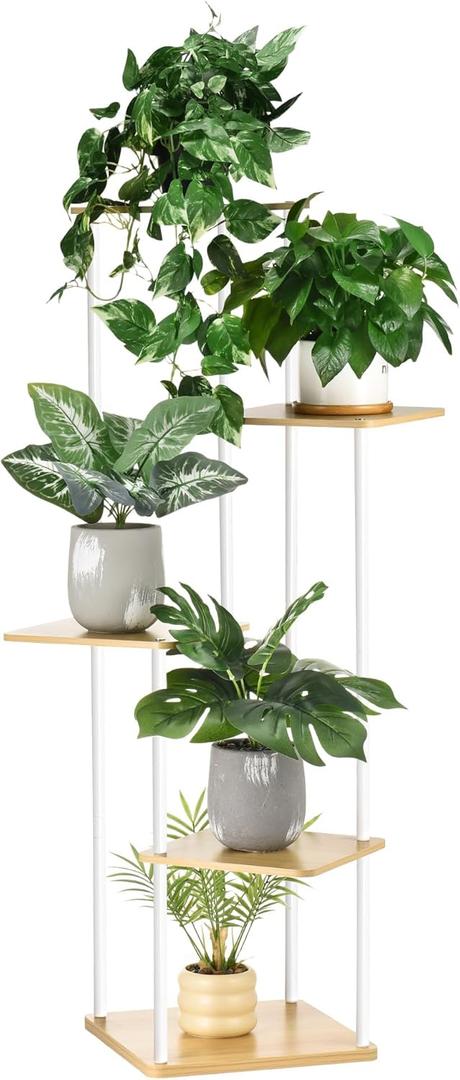 5 Tier Plant Stand Indoor Outdoor, Wood Metal Corner Shelf, Multiple Flower Pot Rack Holder Shelves, Planter Shelf Display Storage Organizer for Patio Living Room Balcony (White)