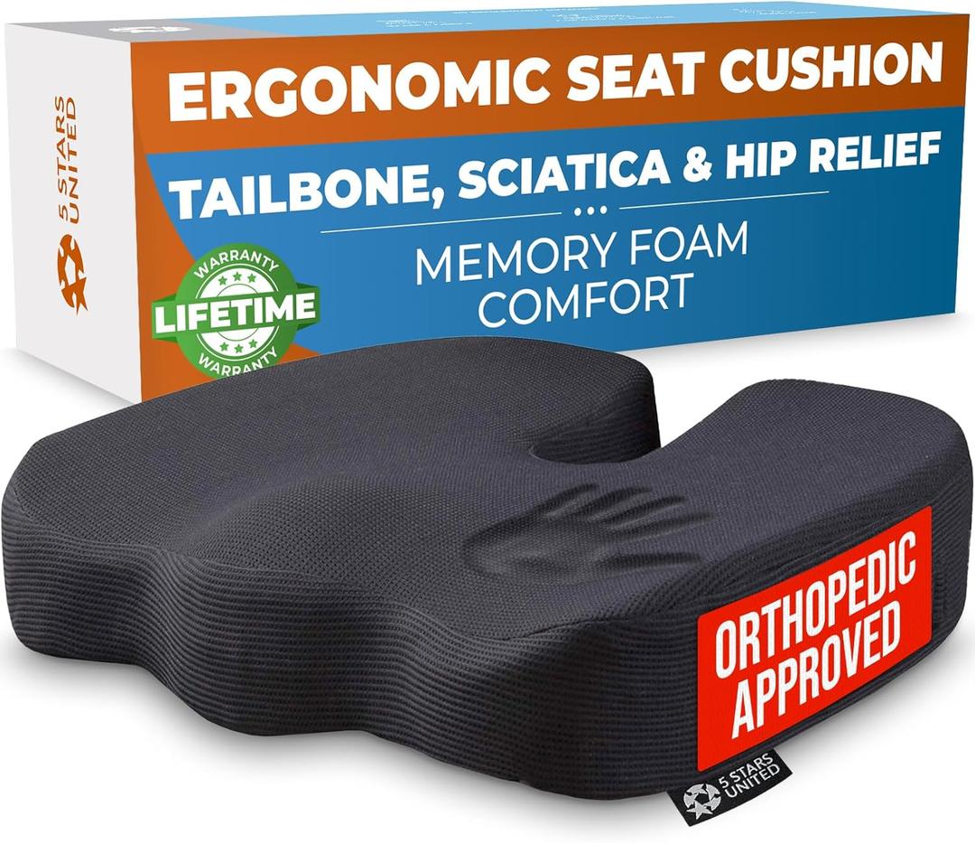 5 STARS UNITED Seat Cushion for Tailbone Pain Relief  Memory Foam Lifting Pillow for Coccyx, Hip, Hemorrhoid, Sciatica & Post-Surgery Recovery  Wheelchair, Car, Desk, Gaming & Office Chairs, Black (Standard)