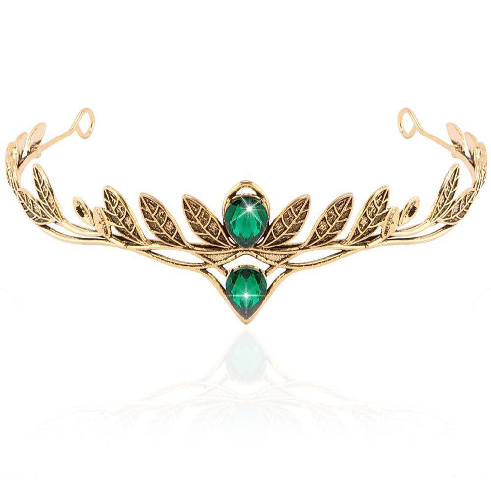 AHONEY Medieval Crown Headpiece Vintage Green Bronze Fairy Elf Crown Leaf Headwear for Women Men King Circlet for Renaissance Accessories Halloween Costume Party, Green Bronze