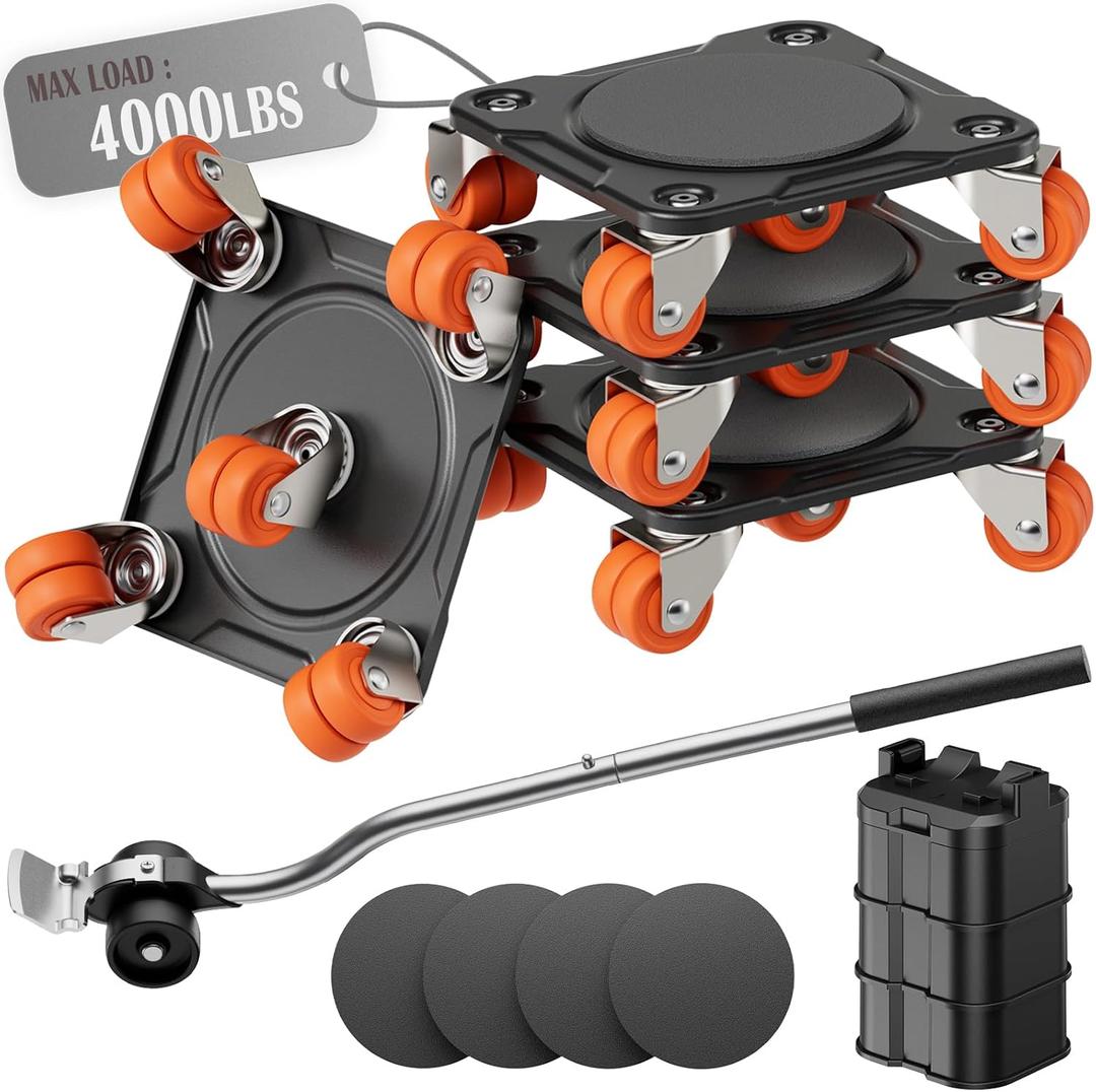 Heavy Duty Furniture Movers with 10 Wheels, Dual-Wheel Caster Square Dollies with Furniture Lifter and Base, 360 Swivel Casters, Non-Slip Pads, Up to 4000 lbs Load Capacity