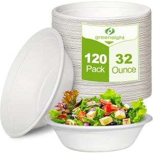 Greensight Large Compostable Paper Bowls - 32 oz, 120 Pack, Heavy Duty, Disposable for Hot Soup, Salads, Cereals