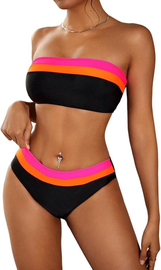 ZAFUL Women's High Cut Bandeau Bikini Set Strapless Solid Color 2 Pieces Bathing Suit Swimsuit (Large, 5-black Red)