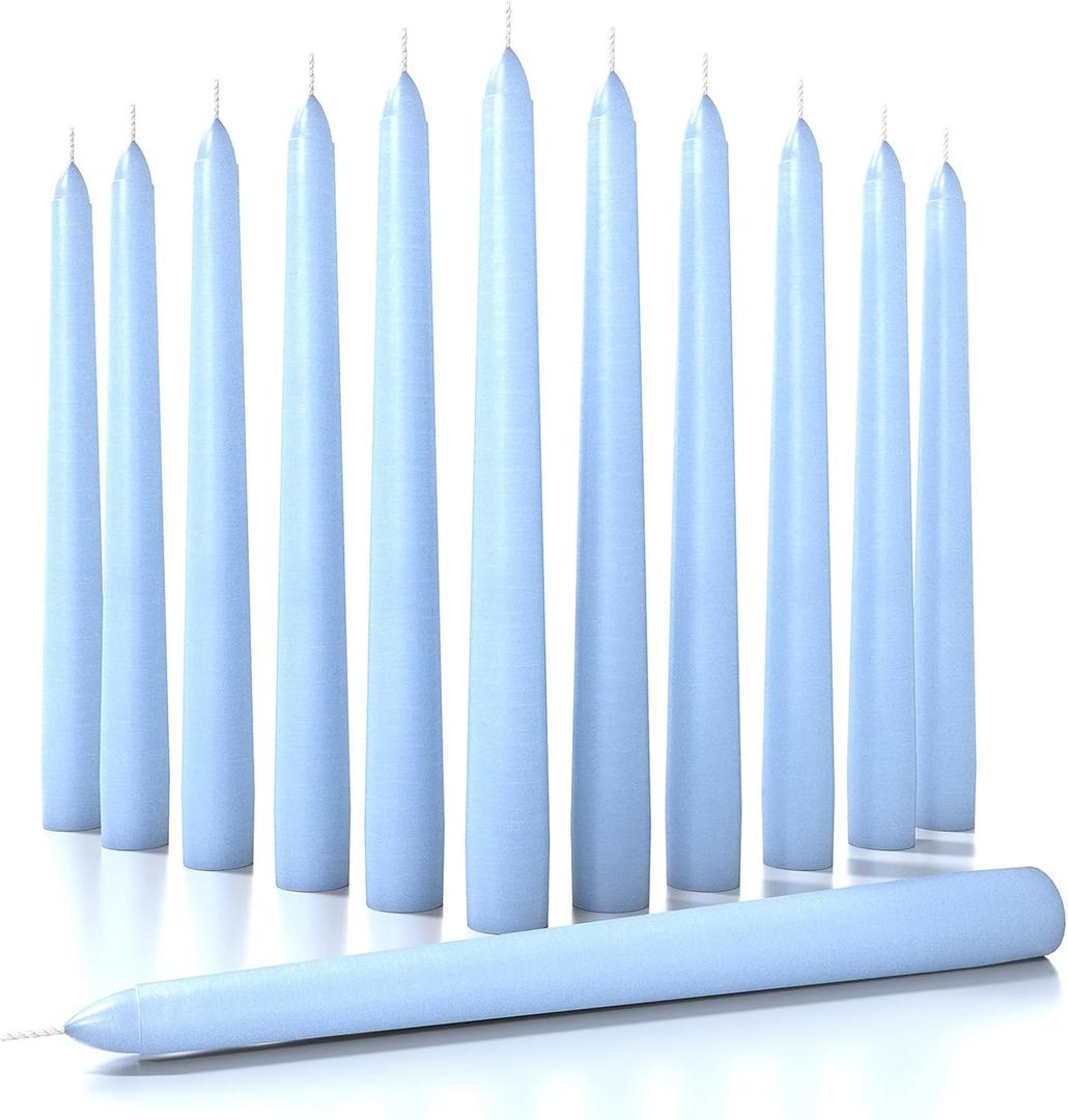 Candwax Light Blue 8 inch Taper Candles Set of 12 - Unscented Smokeless Dripless Tall Candlesticks - Perfect for Special Occasions and Ordinary Dinners and as Easter Candles - Light Blue Candle Sticks
