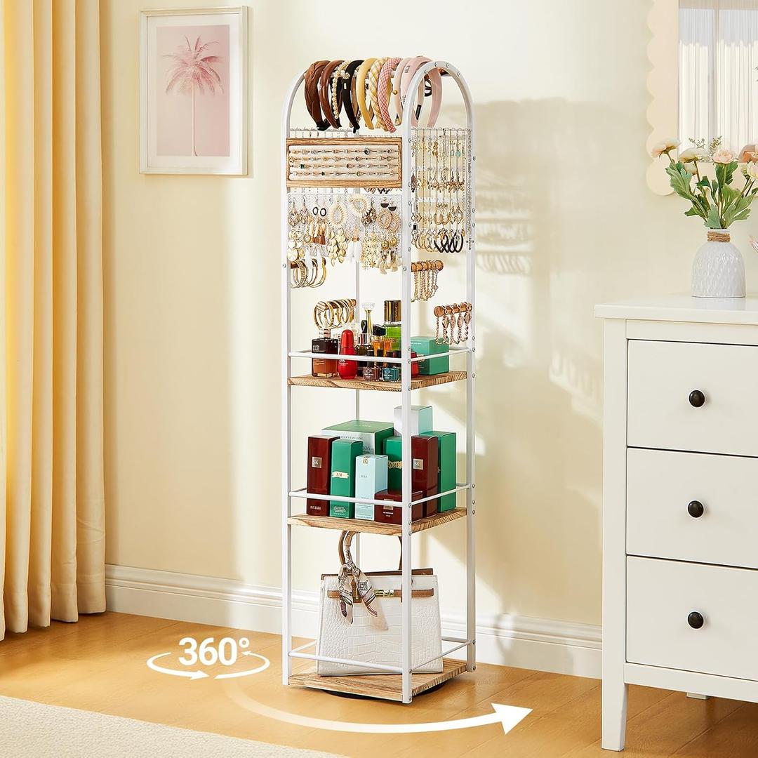 DGWJSU Jewelry Organizer Stand, 360 Rotating Floor Jewelry Holder with Earring Organizer Necklace Holder, 3 Floors Large Jewelry Stand Bracelet Ring Organizer, Women Jewelry Tree Organizer