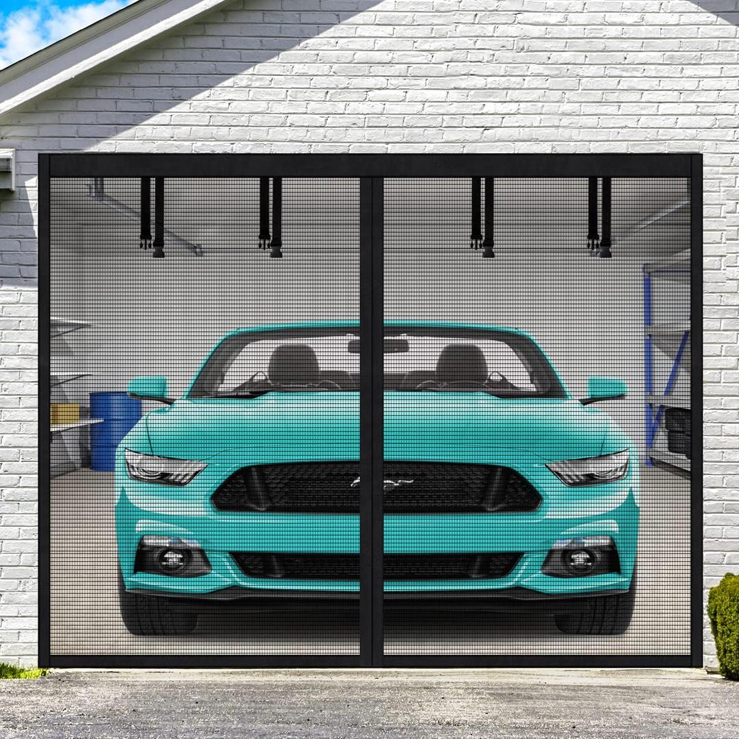 Single Garage Door Screen Kit, UUP 8x7Ft Magnetic Mesh Screen for Garage Opening 1 Car, Garage Net Cover, Sturdy Fiberglass Magic Curtain Outdoor for Patio, Porch, Window to Keep Bugs Out, Black
