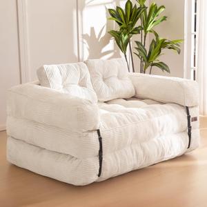 MAXYOYO Folding Sofa Bed, L-Shaped Convertible Sofa Bed with Armrest Foldable Sleeper Couch with Pillow, Portable Fold Out Chair Comfy Floor Couch Lounge for Living Room Bedroom, Beige, Double