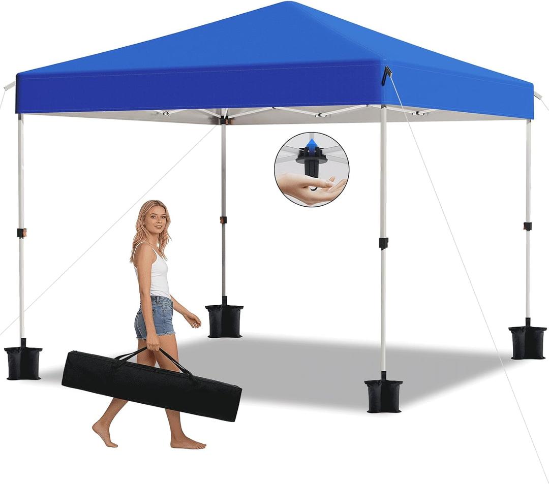 10x10 Pop Up Canopy Tent,Outdoor Canopy with One Push Setup,Easy Up Canopy with 3 Adjustable Height,4 Sandbags, UPF 50+ Event Shelter Tents for Parties,Camping,Market,Patio(Blue)