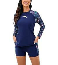 Halcurt Women's Built in Bra Rash Guard Long Sleeve Swimwear UPF 50 Two Piece Swim Shorts and Tops 2XL
