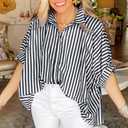 Women 2025 Summer Stripe Dolman Sleeve V Neck Oversize Shirt Tops Casual Button Up Short Sleeve Striped Blouse (S)