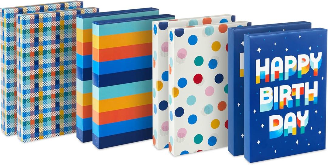 Hallmark Designed Shirt Boxes with Lids (8 Boxes: 2 Each of Orange and Blue Stripes, Plaid, Dots, Happy Birthday) for Birthdays, Father's Day, Graduations (1 Count (Pack of 8))
