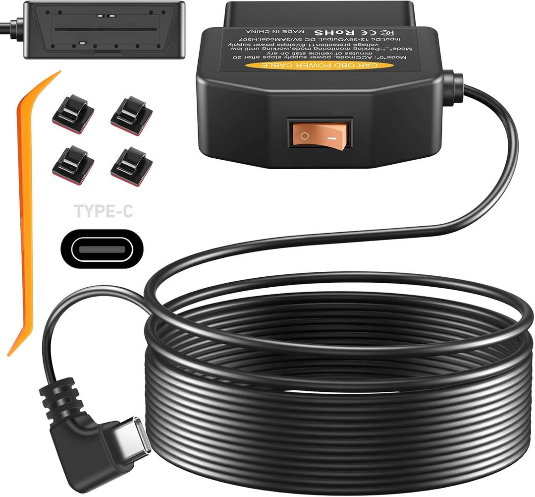 OBD2 OBD Power Cable for Dash Camera, OBD to Type-C USB OBDII Adapter Hardwire Charger Cable 24 Hours Surveillance and Acc Two Mode with Switch Button and Low Voltage Protection, 12-36V to 5V/3A