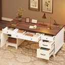GarveeHome Executive Desk with File Drawers, Farmhouse Home Office Desk with Charging Station, 60 in Wooden Computer Desk with Cabinet Storage for Work Study Writing, White Walunt