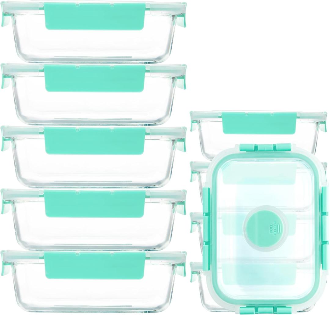YANGNAY 5 Pack Glass Meal Prep Containers with Steam Vent, Food Storage Containers with Airtight Lids, Dishwasher/Microwave/Oven/Freezer Safe Glass Containers for Leftovers (Green)