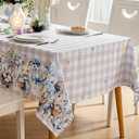 Joyfol Day Buffalo Plaid Easter Tablecloth, Bunny Waterproof Rectangle Table Cloth, Blue Flowers Washable Table Cover for Spring Dining Party Decor (84 X 60 Inch), Grey Checkered