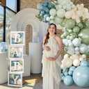 Dusty Blue Sage Green Balloon Baby Shower Decorations, 132Pcs Fog Blue Light Blue Green Sand White Balloon Arch Garland Kit Baby Box with Letters for Boho Baby Shower Gender Reveal Party Decorations