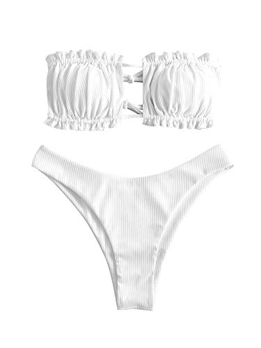 ZAFUL Women's Strapless Bikini Ribbed Tie Back Ruffle Cutout Bandeau Bikini Set Swimsuit (0-White, S)