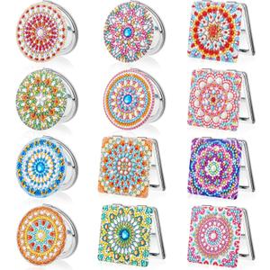 Kigley 12 Pcs Mandala Makeup Diamond Painting DIY Compact Crystal Magnifying Folding Purse Mirror Kit for Adults and Beginners
