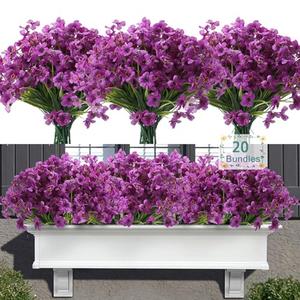 Satefello 20 Bundles Artificial Flowers for Outdoors, UV Resistant Fake Realistic Flowers with Plastic Plants Spring Decor, Faux Silk Flowers for Outside Window Box Front Porch Planter Decor-Purple